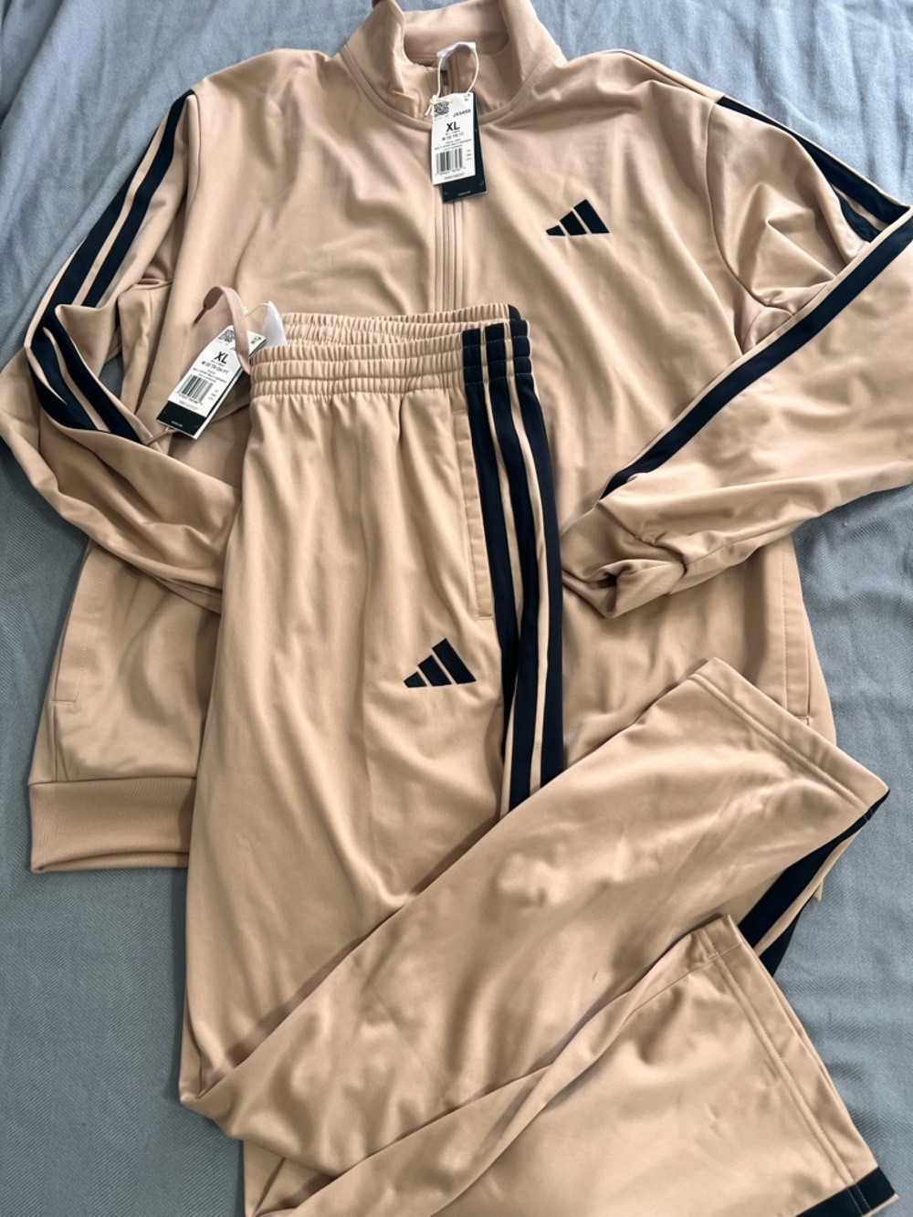 Men adidas Beige Two-Piece Track Jacket and Pants with Black Stripes